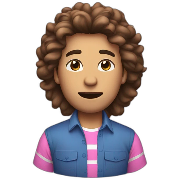 a male human with brownpuffy  hair, a blue shirt with two pink stripes on it black pants and eyes-closed and mouth straight emoji