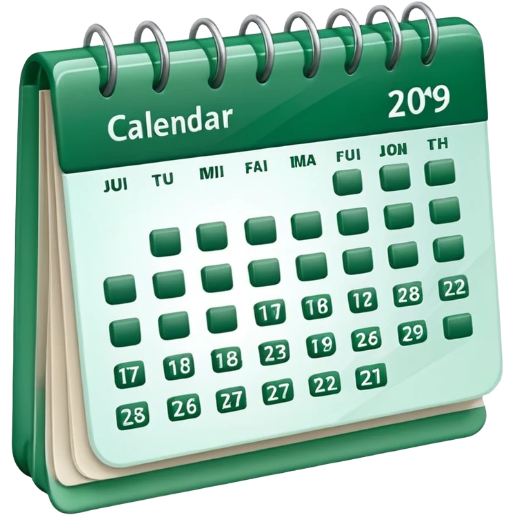 A glossy 3D icon of a clean digital calendar with green (#16A34A) accent highlights, floating pages, subtle shadows, and a modern SaaS-UI look. Soft reflections, rounded edges, friendly professional style. Represents scheduling and reservation management. emoji