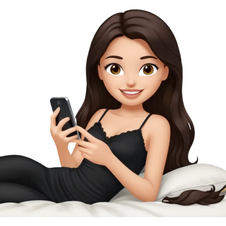 generate a pretty fair bratz girl with long dark brown hair using her phone in bed, smiling . Wearing a black cami emoji
