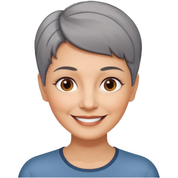woman 60 years old, shaved short uncombed dark grey hair, brown eyes smile emoji