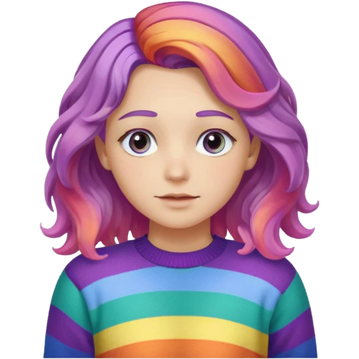 Lila renkli dalgalı saç beyaz tenrengi hafif çekik gözlü uzun kollu gökkuşağı swit emoji