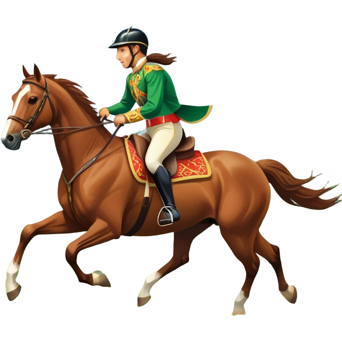 An icon showcasing a majestic horse and rider in full gallop across a lush green field. The background features a clear sky, distant mountains, and a vibrant landscape. The rider wears traditional gear, while the horse leaps with grace and power. Transparent background emoji
