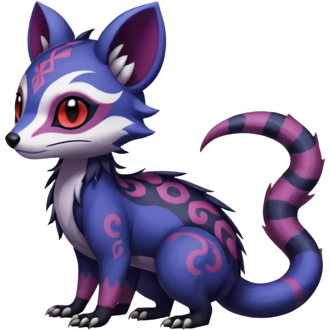 Rare warm-colored exotic gloomy tropical edgy cute epic aesthetic spooky indigo purple white black red gothic colorful Salandit-Furret-Espurr-Meowstic-Civet-species-Fakemon-hybrid-creature, with tribal tattoo markings, full body emoji