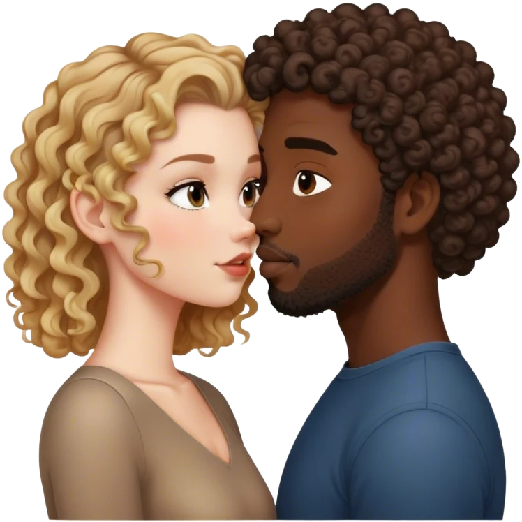 White curly girl with long hair kisses black man with short haircut emoji