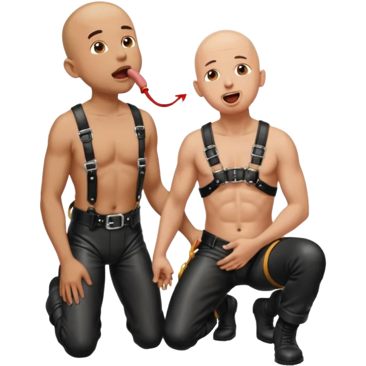 a bald man on his knees and a black leather harness, his tongue out, looking up next to a standing man in leather pissing into the kneeling man’s mouth emoji