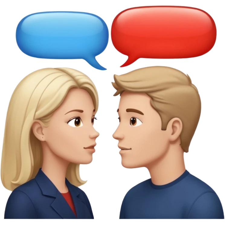 a person chatting up another person, one white male, one white woman facing each other talking with speech bubbles above their head emoji