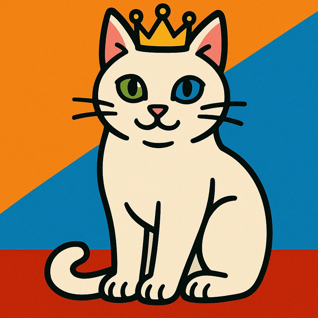 realistic white cat with one green eye and one blue eye, wearing a princess crown emoji
