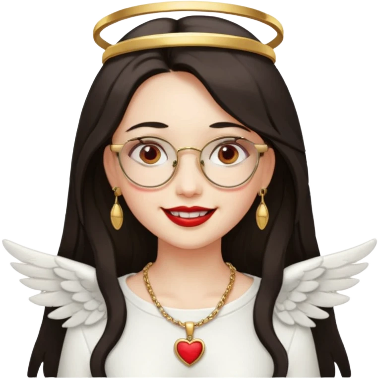 Angel girl with eyeglasses and Middle parted hair long dark hair with red lipstick  and push gold necklaces and dark eyes with withe wings and smile with withe teeth emoji