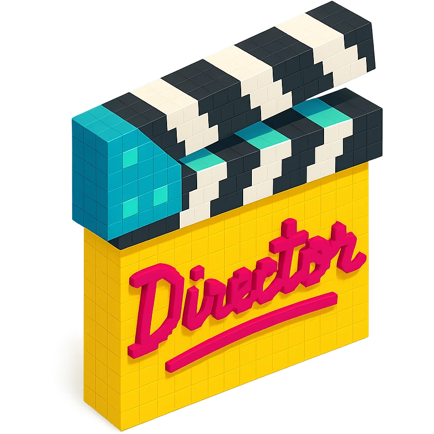 voxel style movie clapperboard with a bold director's signature, isometric view emoji