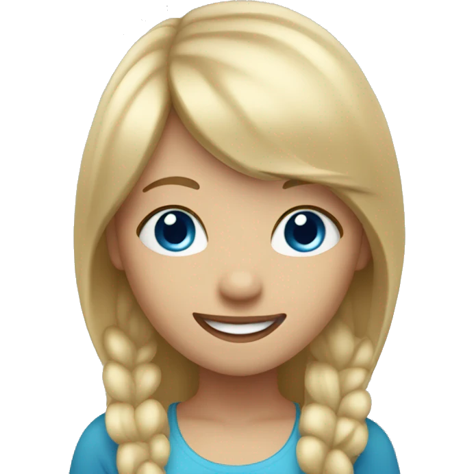 girl with blonde hair long with fringe and blue eyes welcoming happy emoji