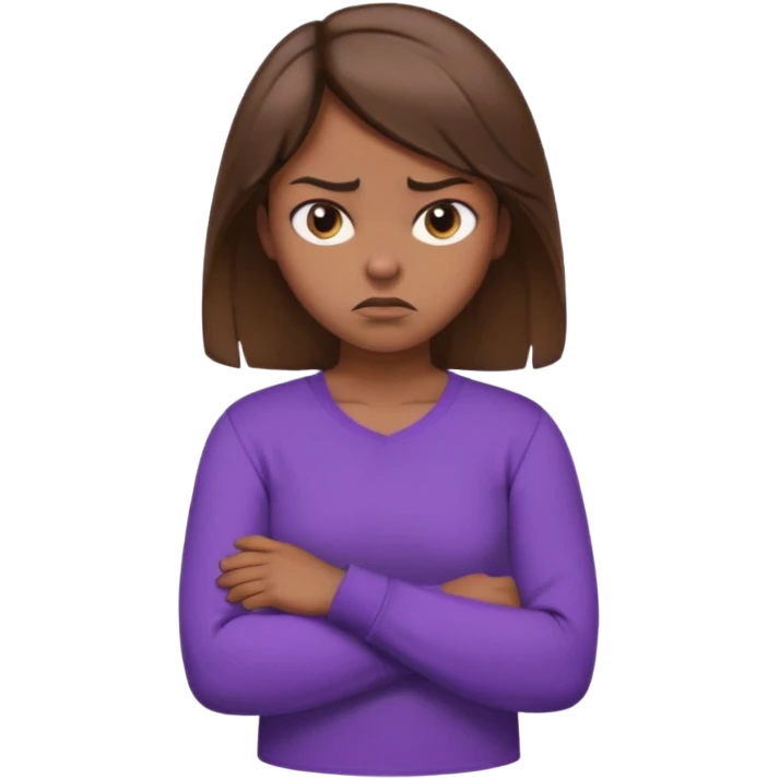 Girl with brown hair crossing arms in front of her chest and making an angry face with a purple longsleeve shirt on and be more pouty emoji