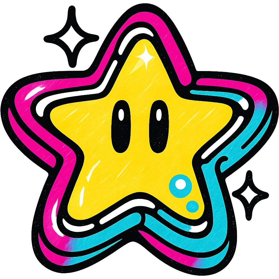 Y2K style Mario star, chrome finish, sparkles, and bubble-like highlights emoji
