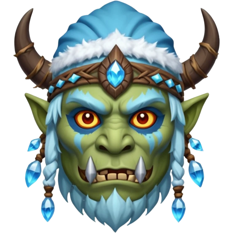 Fantasy Christmas orc shaman icon, ice spirit magic theme, glowing runes, winter tribal mask elements, mystical cold atmosphere, emoji sized portrait, male/female variant emoji