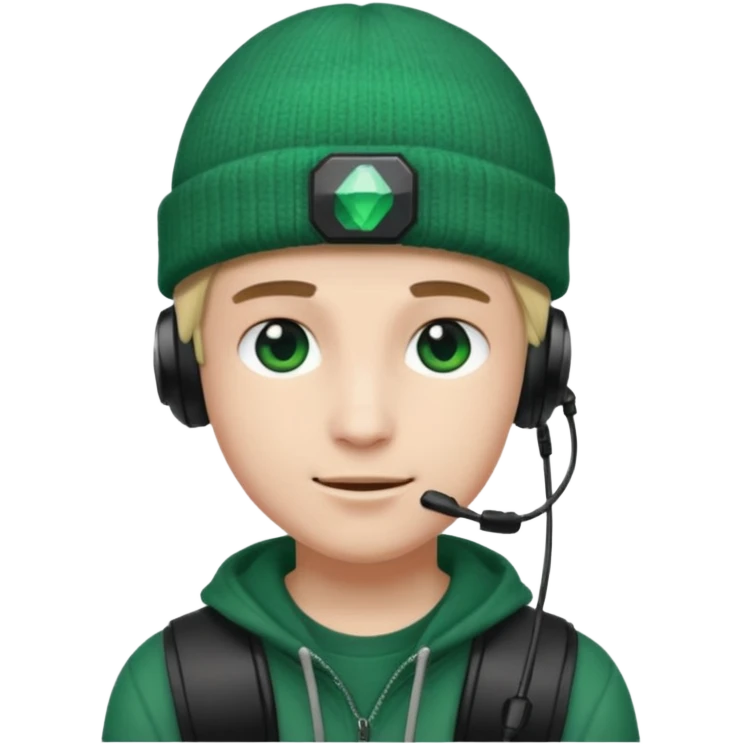 garcon avec un bonnet avec un emeraude dessus et un casque gaming emoji