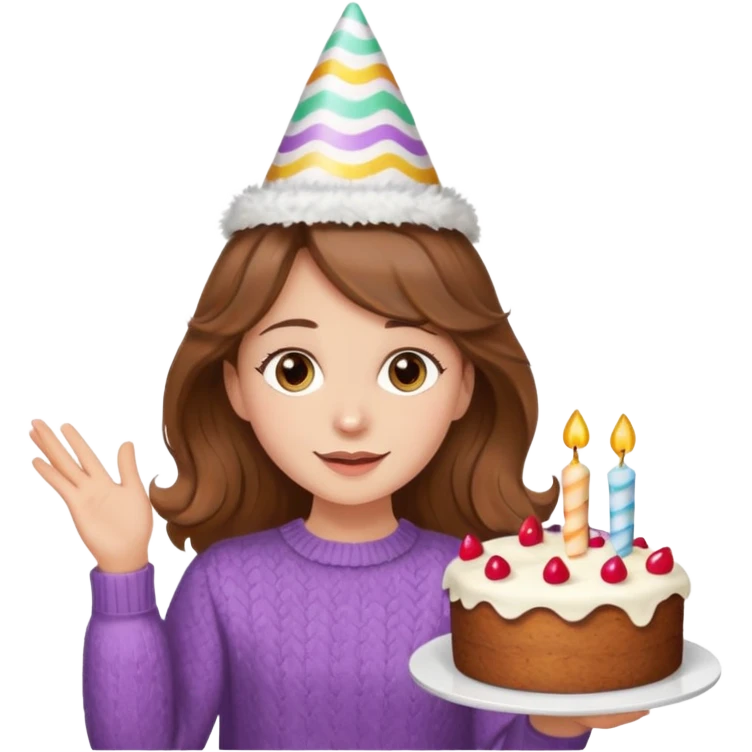 A pretty white girl with hazel brown eyes and brown wavy hair in a cosy white knit sweater, she is celebrating her birthday emoji