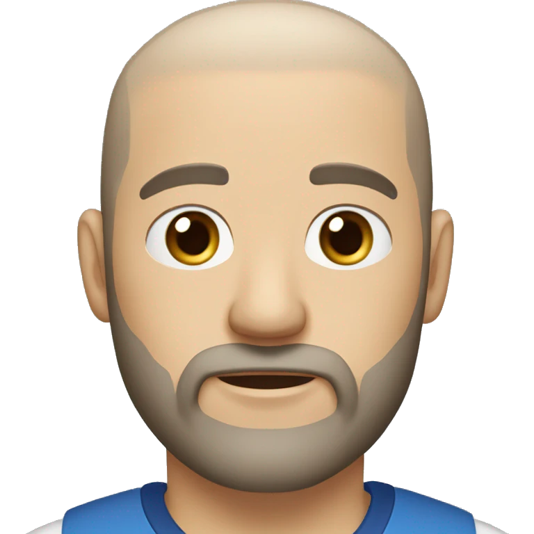 man with blue eyes, light skin, a shaved head, and a brown beard with some gray hair mixed in the beard wearing a polo shirt emoji