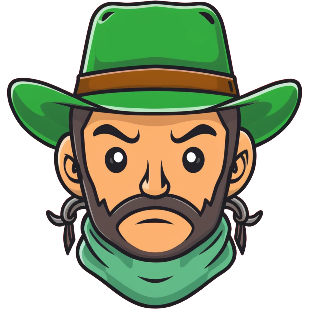 Cowboy wearing a green hat with no star, rugged face with stubble, western style emoji