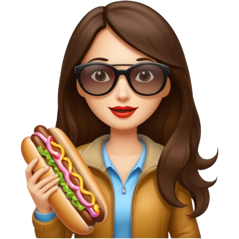 tourist brunette long hair woman with sunglasses holding hot dog emoji