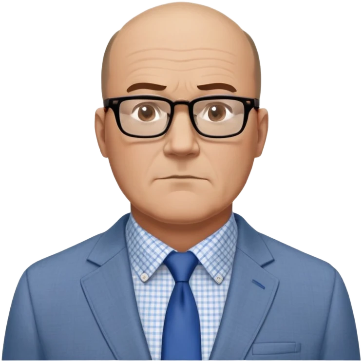Larger 50-year-old man with extremely wide square face and big square jawline. Balding with hair on top but very little on sides. Large dark square-framed glasses. Serious expression. Wearing a light gray blazer that accommodates his bigger build, white button-up shirt with blue checkered pattern. emoji