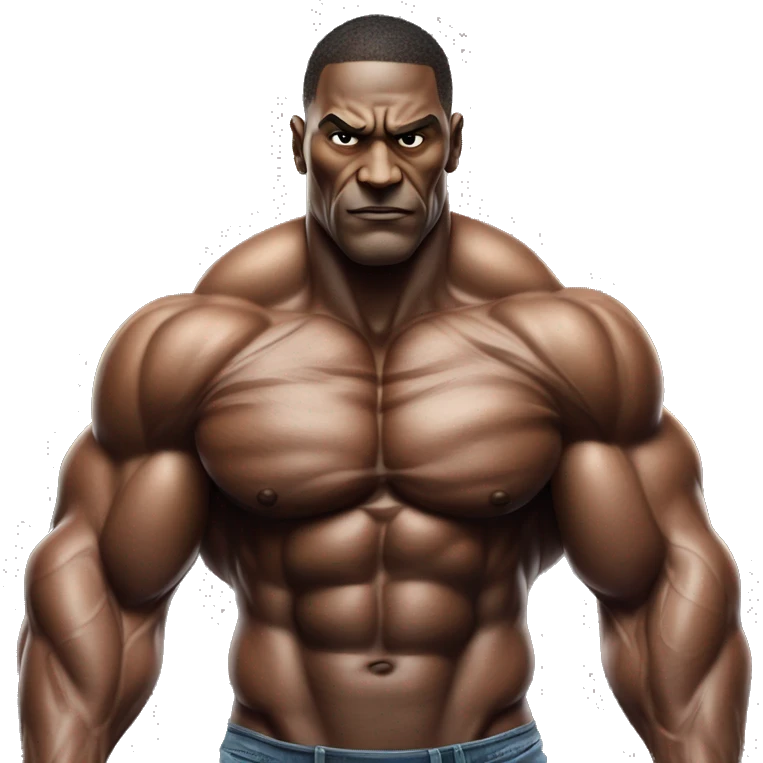 A hyper-muscular man with veins prominently visible across his massive arms and chest, each of his arms measuring 180 centimeters in width. his exaggerated physique creates an even more surreal and intense visual. emoji