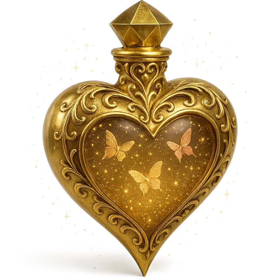 Add ornate, luxurious golden filigree and decorative details around the heart-shaped bottle, inspired by the style in the reference images. Keep it elegant and not too cartoonish. The bottle should remain #c0ff53 with glitter liquid, pink butterflies, magical dust, crystal neck, and a sharp heart point at the bottom. Maintain the composition and transparent background. emoji