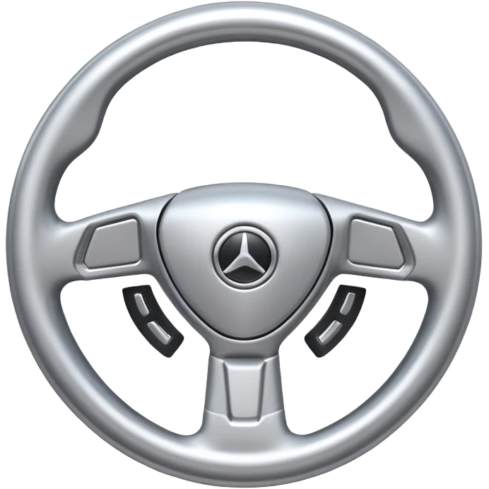 A futuristic steering wheel emoji made of silver chrome, minimal geometric design, smooth metallic surface, soft reflections, iOS emoji style, centered, clean white background emoji