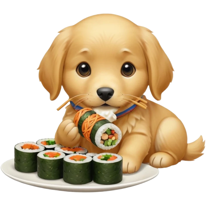 A cute golden retriever puppy eating gimbap in iPhone emoji style, soft 3D glossy texture, bright vivid colors, no outlines, centered composition, transparent background. emoji