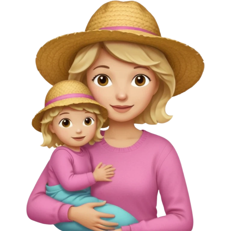 A cheerful wavy short blond hair mom in a straw hat carrying her child, wearing a pink sweater emoji