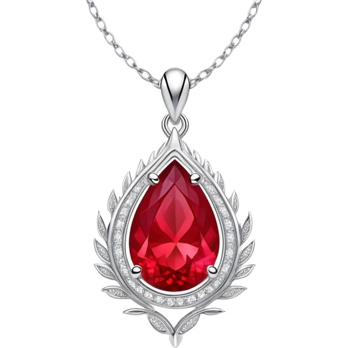 teardrop ruby pendant with fiery light, tiny phoenix feather emerging, haloed by shimmering white stones, silver chain like liquid moonlight emoji