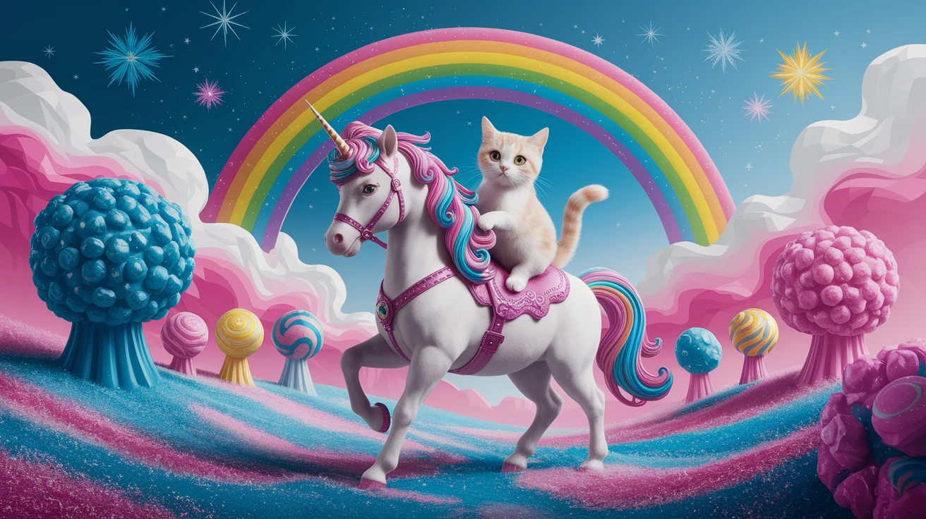 Cinematic still of a cat riding on unicorn around magic pink, and blue candy world, rainbow, dynamic shot emoji