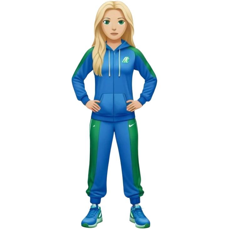 Full Body white female basketball head coach with long blonde hair in a blue and green Nike sweatsuit emoji