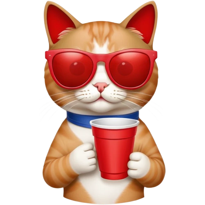 cat wearing sunglasses, holding a red solo cup, looking like it's at a college party emoji