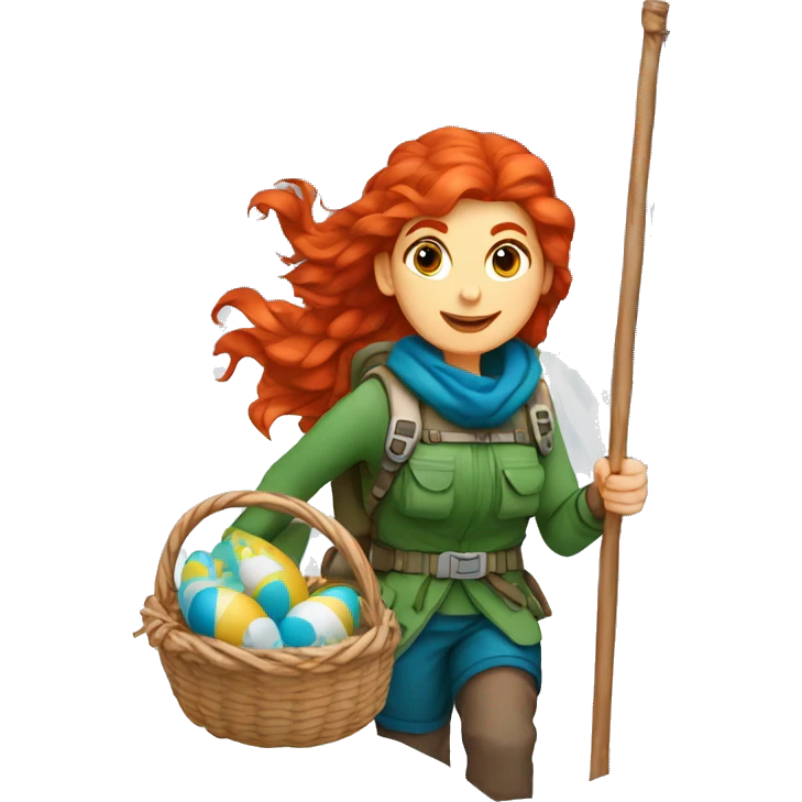 red hair female winter mountaineer climbing with Easter basket and Greek flag emoji