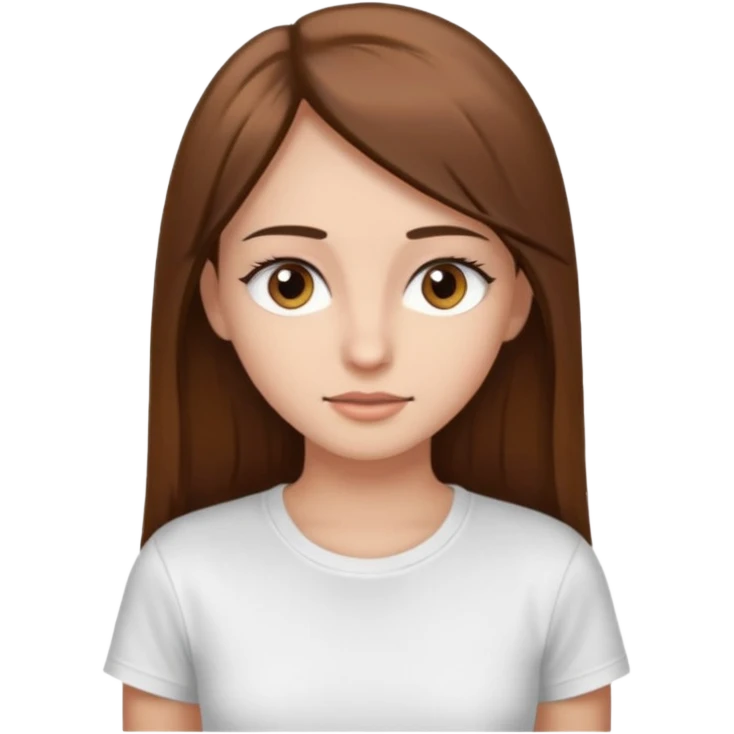 Chica de pelo liso ,largo y marrón con ojos color marrón claro y una camiseta blanca y la piel blanca con pestañas emoji