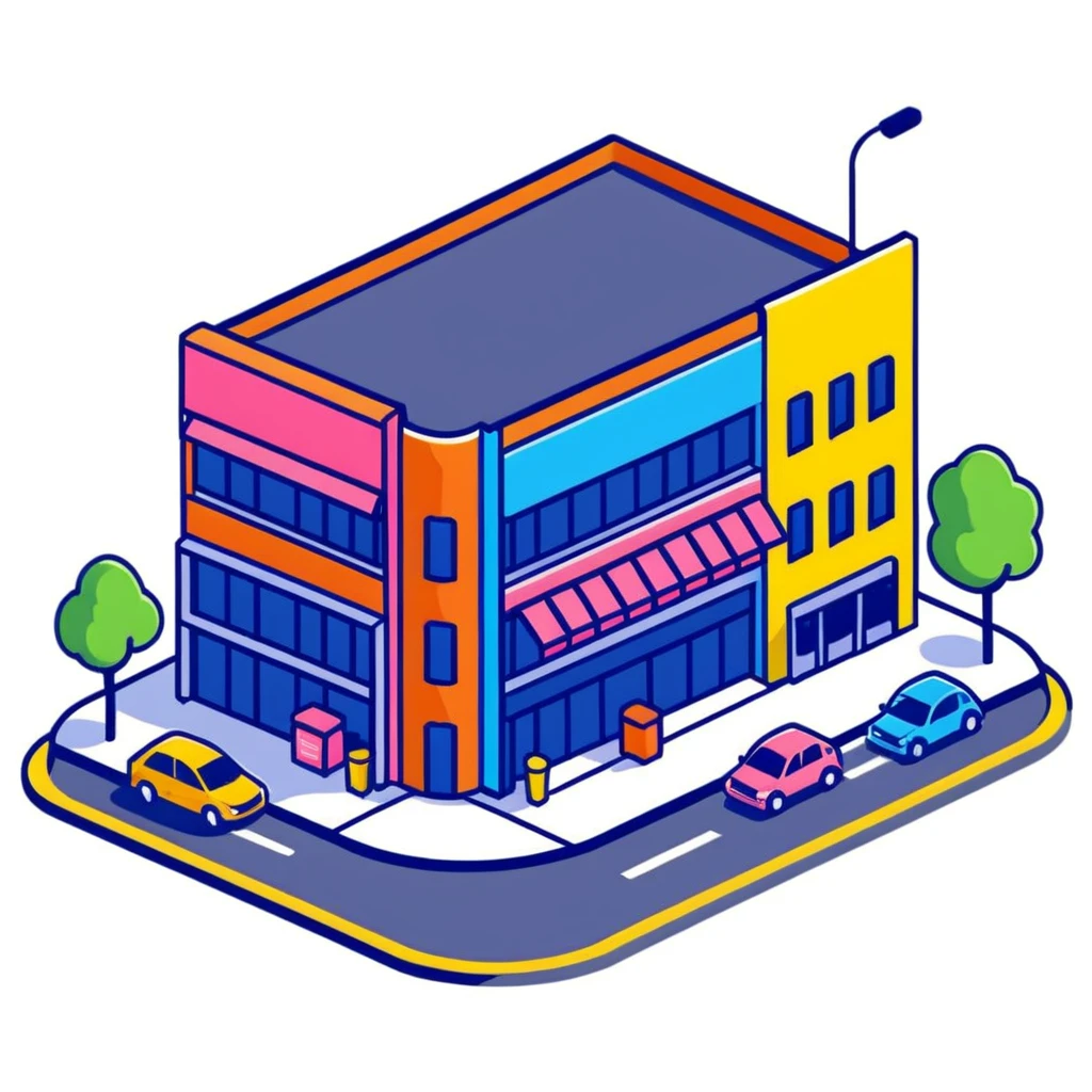 Isometric supermarket building exterior with colorful facade, parked cars, and entrance area emoji