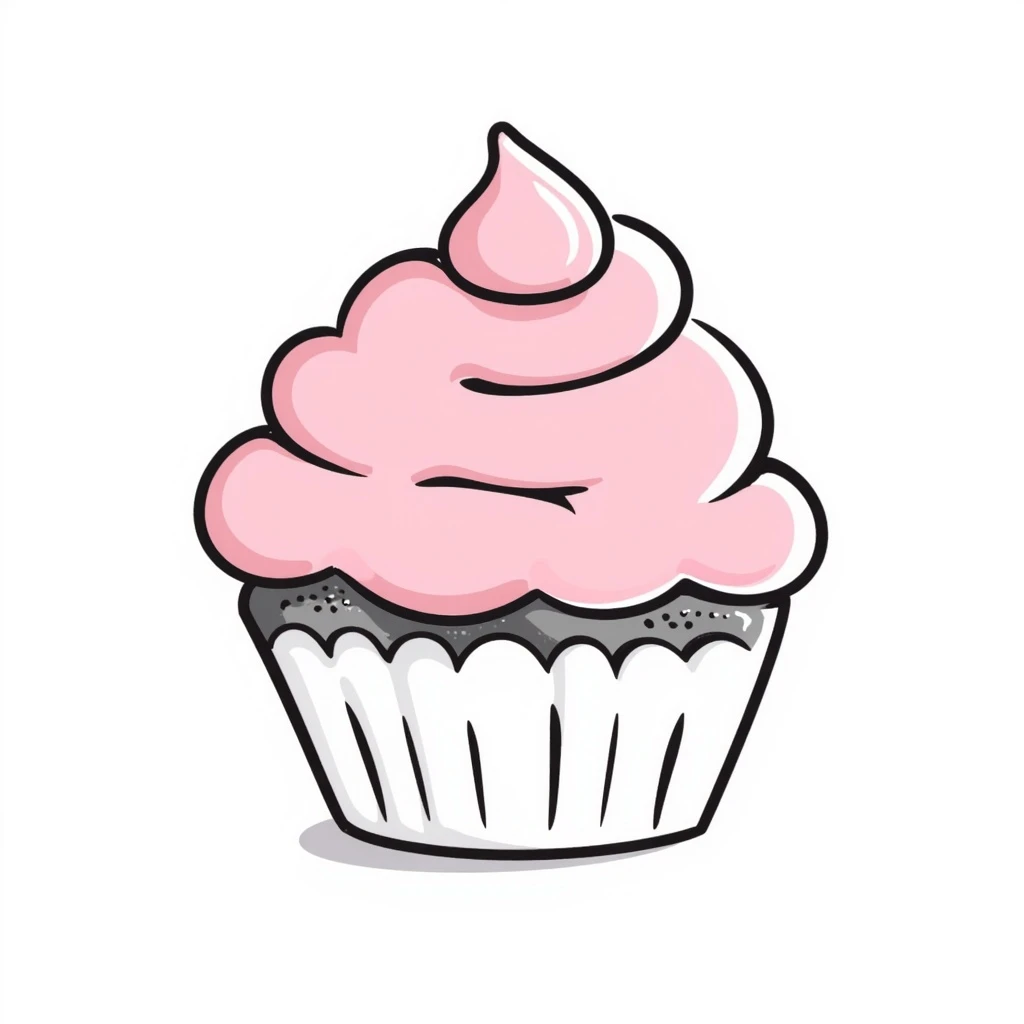 cupcake with pink icing, hand-drawn doodle style, sketchy lines, charming emoji