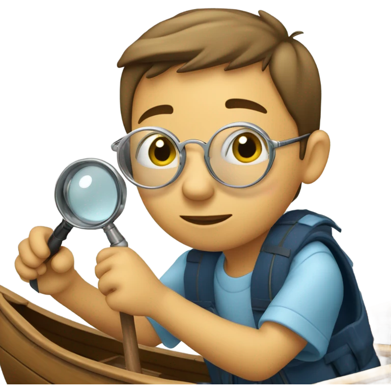 A boy examines a boat under a magnifying glass emoji