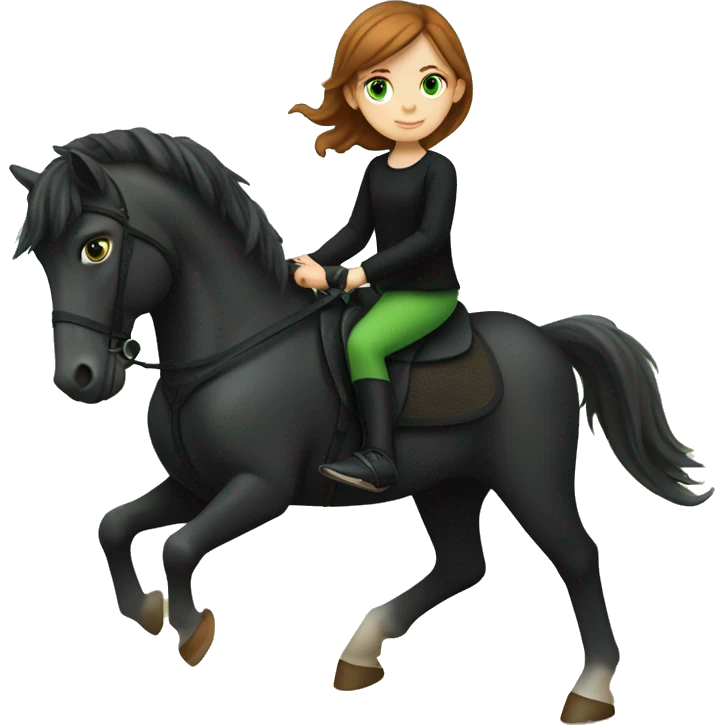 A pale little girl with brown hair, green eyes, orange pants and a black shirt riding a black horse  emoji