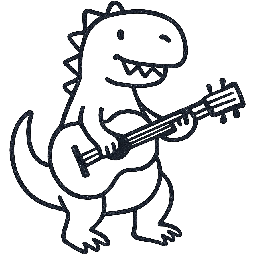dinosaur playing guitar, hand drawn icon style, sketchy black lines, no fill emoji