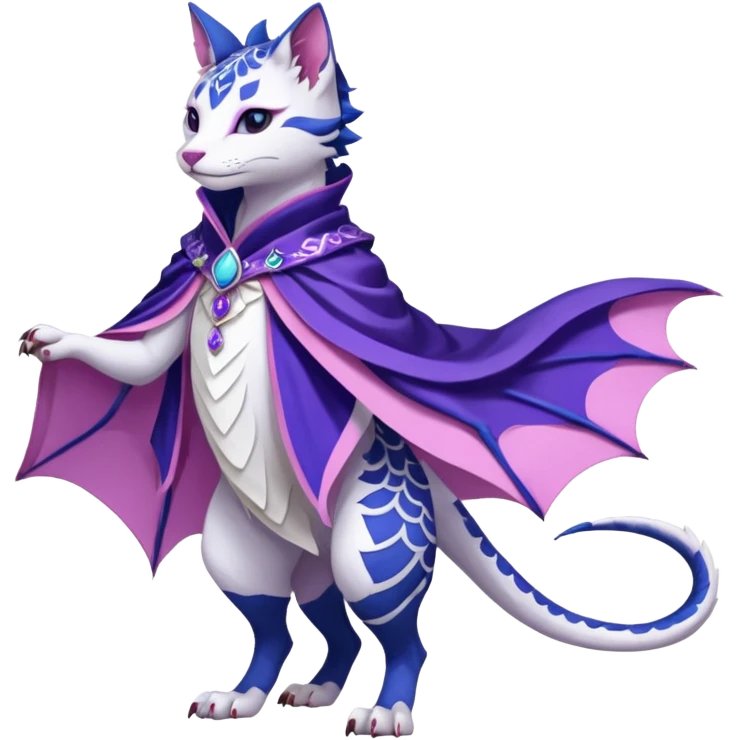 Kawaii white, indigo, purple, pink cute beautiful pretty elegant divine edgy feline-vernid-sergal-Haku-dragon-fursona-animal-creature, full body, with intricate detailed markings, Embroidered capelet, silken shawl emoji