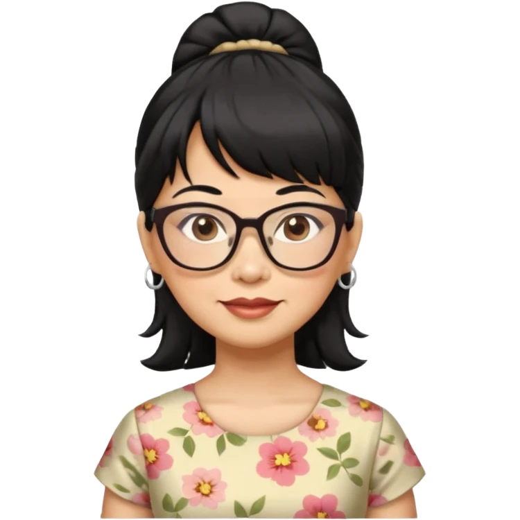 filipino woman black hair in one pony tail with straight bangs and big glasses, 60 yr old, nice dress

 emoji