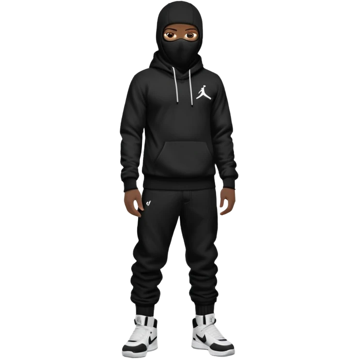 a Black individual wearing a ski mask or balaclava. Pose the Black individual standing like a 'YN', wearing black Nike tech pants sagging and Air Jordan 4 Retro White Tgunders. Keep the hood up and style realistic. Remove the background. The style should be realistic and detailed. emoji