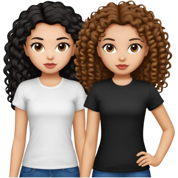 2 pretty bratz fair girls. One has straight brown hair and is tan, wearing a white tshirt. One is fair with curly black hair, wearing a black tshirt  emoji