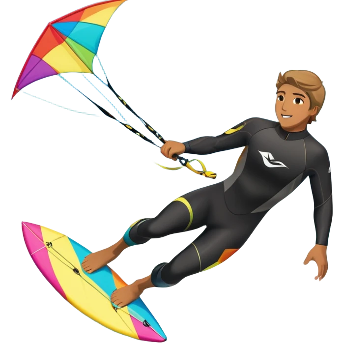 A kite surfer gliding across the ocean, with a colorful kite soaring high in the sky and the surfer carving through the waves. The scene captures the energy and freedom of the sport, with the sun shining and the ocean's waves splashing around. emoji