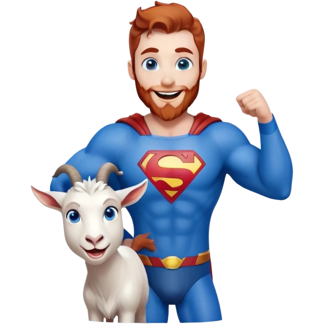 Blue goat whole body pretty smiling excited blue eyes female and white adilt superman with reddish hair and beard with blue eyes emoji