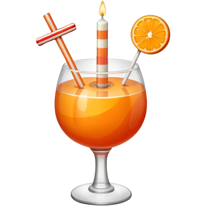 An orange with a horizontal red stripe around the middle. 4 vertical cocktail sticks in the orange with small pieces of candy on the sticks. On top of the orange a small white lit candle. The orange should be a piece of fruit not a drink.  emoji