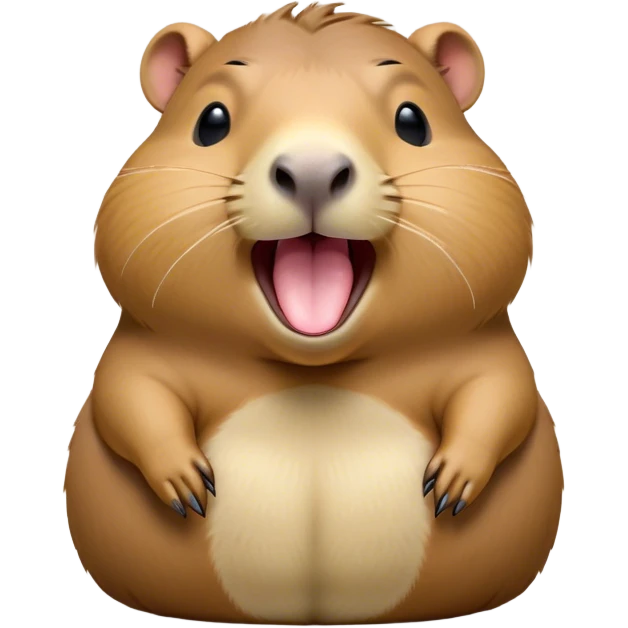 Cinematic Cute Yawning Capybara Portrait Emoji, Head tilted slightly with a dramatic, wide-open yawn, showcasing a plush, rotund body with a gently relaxed capybara face, including a short snout and subtly drooping ears, with drowsy, half-closed eyes rendered in exquisite detail; high shine, relaxed yet expressive, styled with a dash of playful natural charm, soft glowing outline, capturing the essence of a sleepy yet affectionate capybara that appears ready to stretch out for a peaceful nap! emoji