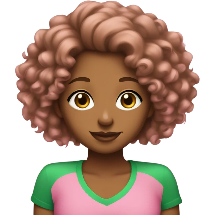Brown girl with curly hair wearing pink t shirt with green letters that read “AKA”   emoji