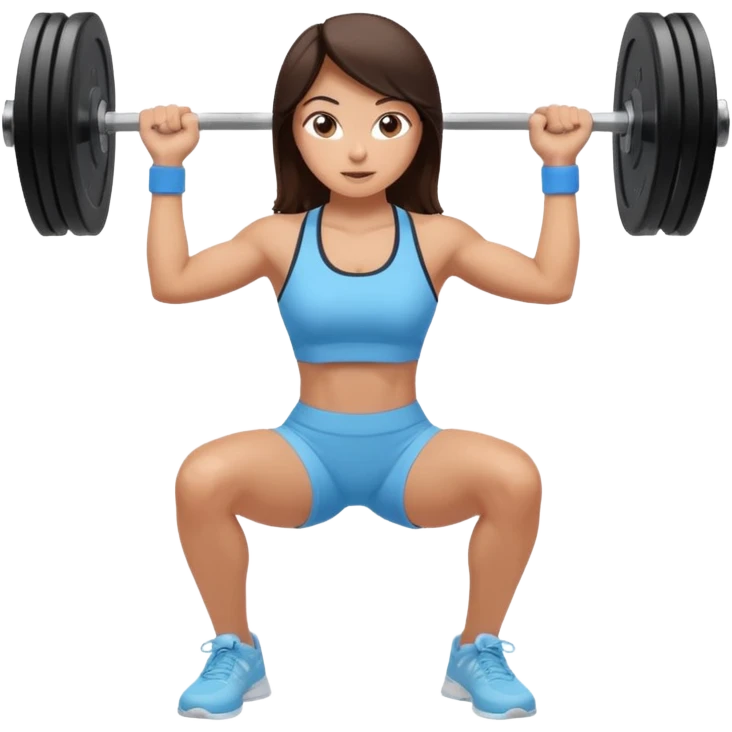 brunette girl lifting weights, wearing light blue athletic outfit, energetic and confident, simple background emoji