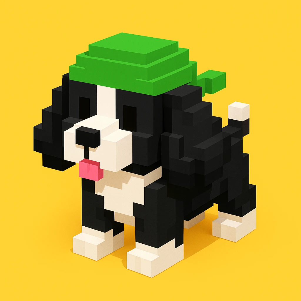 A black and white Russian Cocker Spaniel puppy wearing a green durag, voxel style, sitting emoji